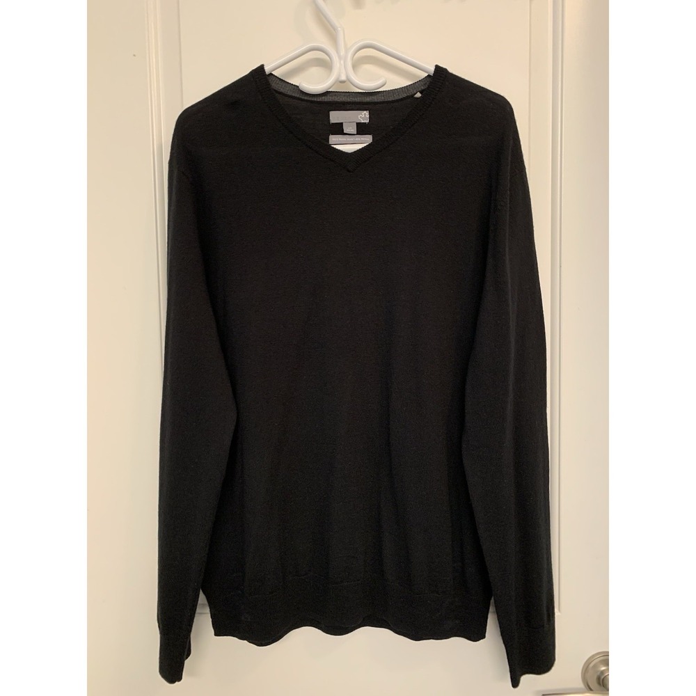 Sears 100% Merino Wool V-neck Sweater Large Black‎ Lightweight Minimalist